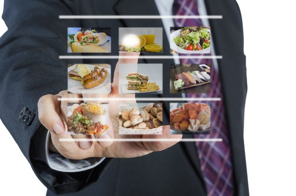 Businessman push virtual button screen in restaurant,isolated on white background
